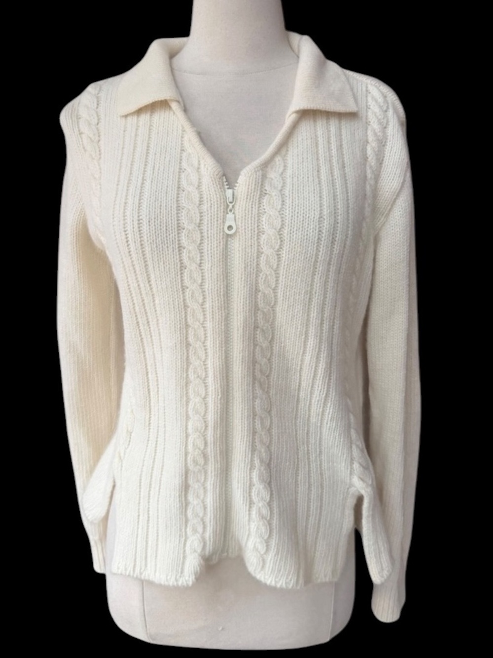 Late 1980s/90s Tivoli Lambswool/Polyamide Off-White Cable Knit Full Zip Cardigan